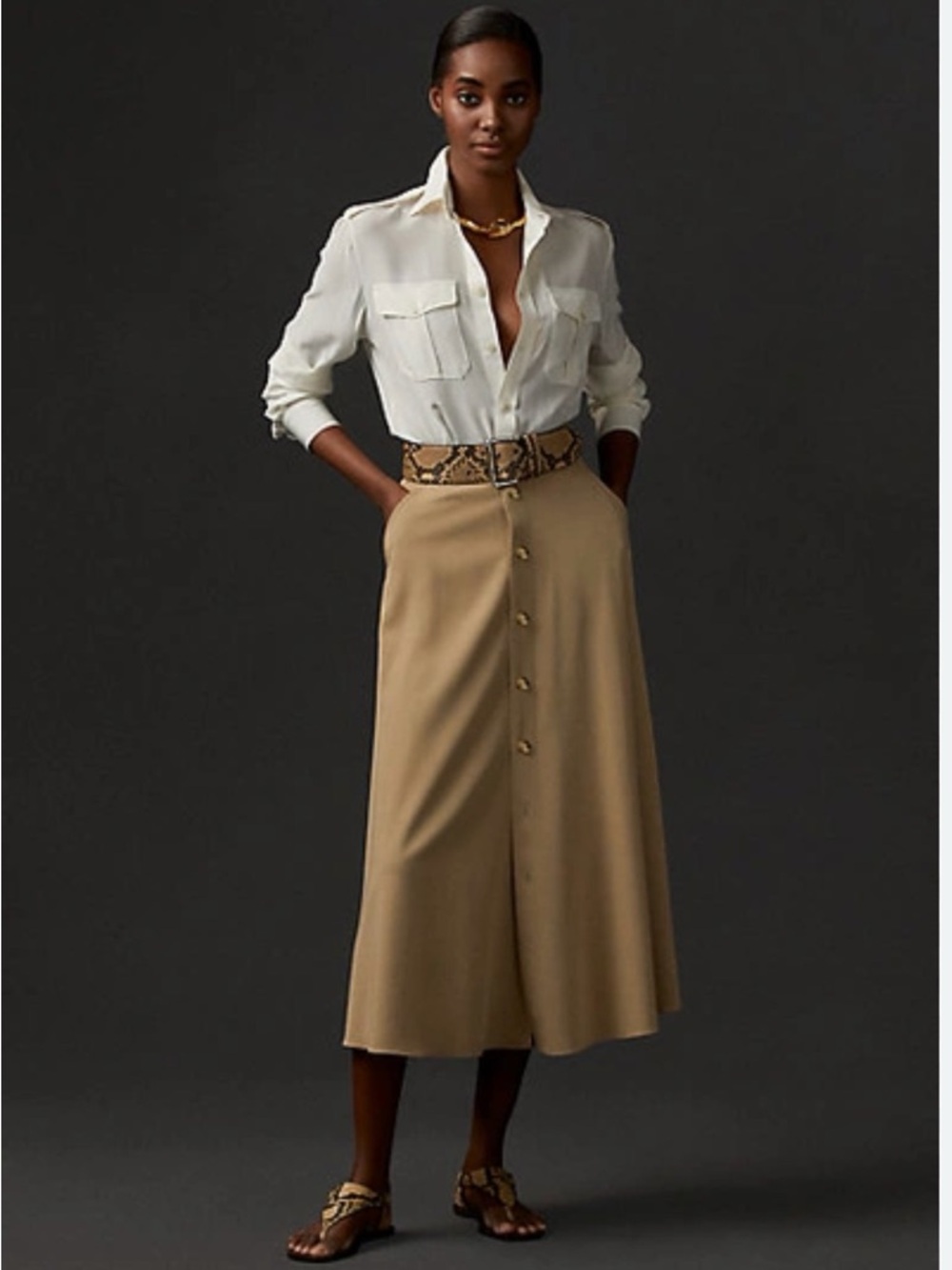 ❌SOLD❌ RALPH LAUREN COLLECTION GERALD WOOL GABARDINE SKIRT IN SAFARI TAN